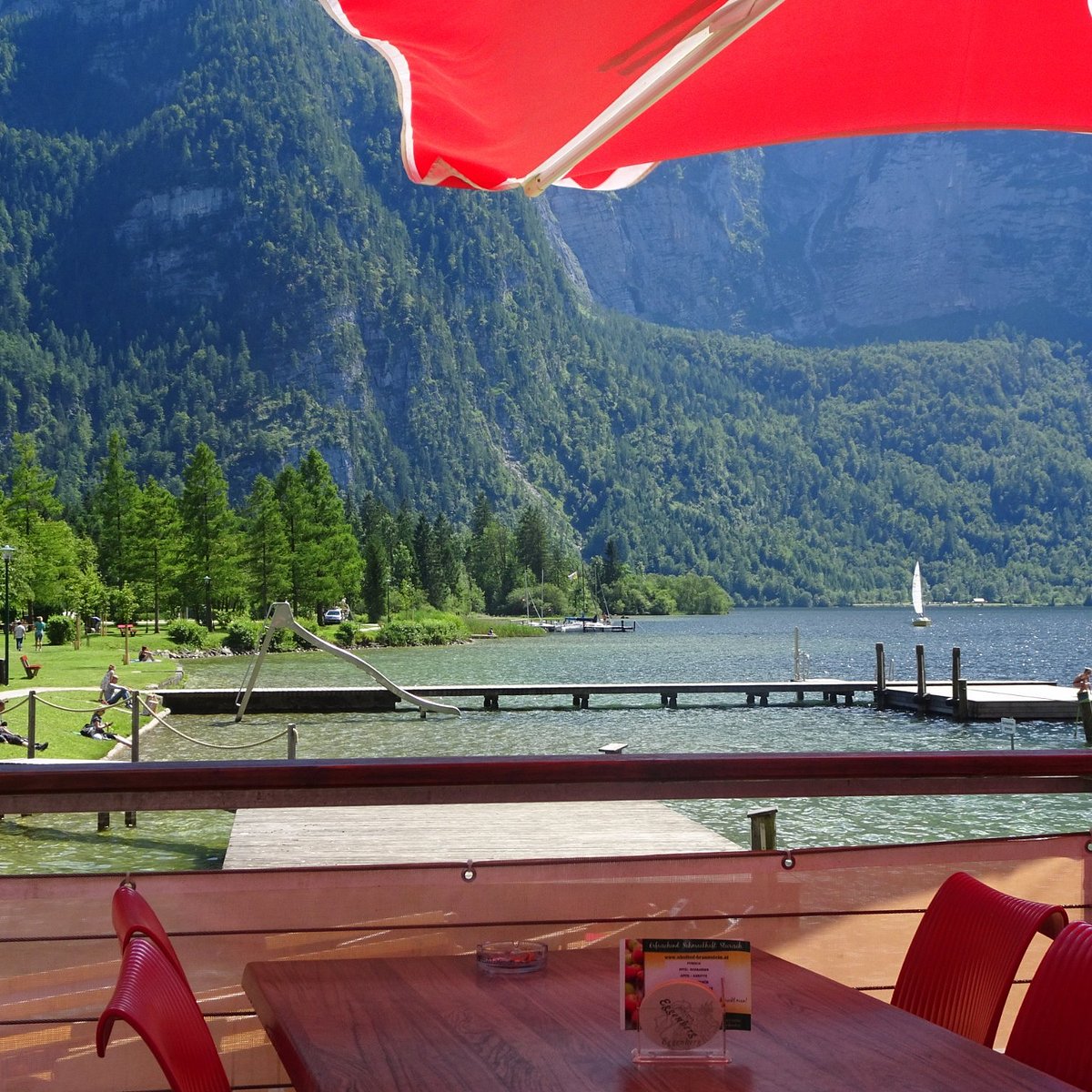 Lake and mountain view from a table on the Seecafé terrace